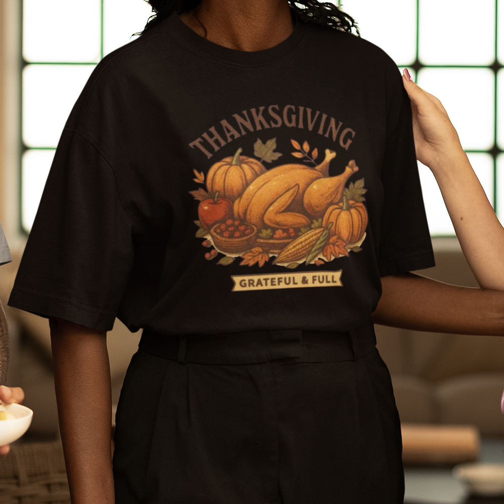 Thanksgiving Grateful & Full Unisex Heavy Cotton Tee